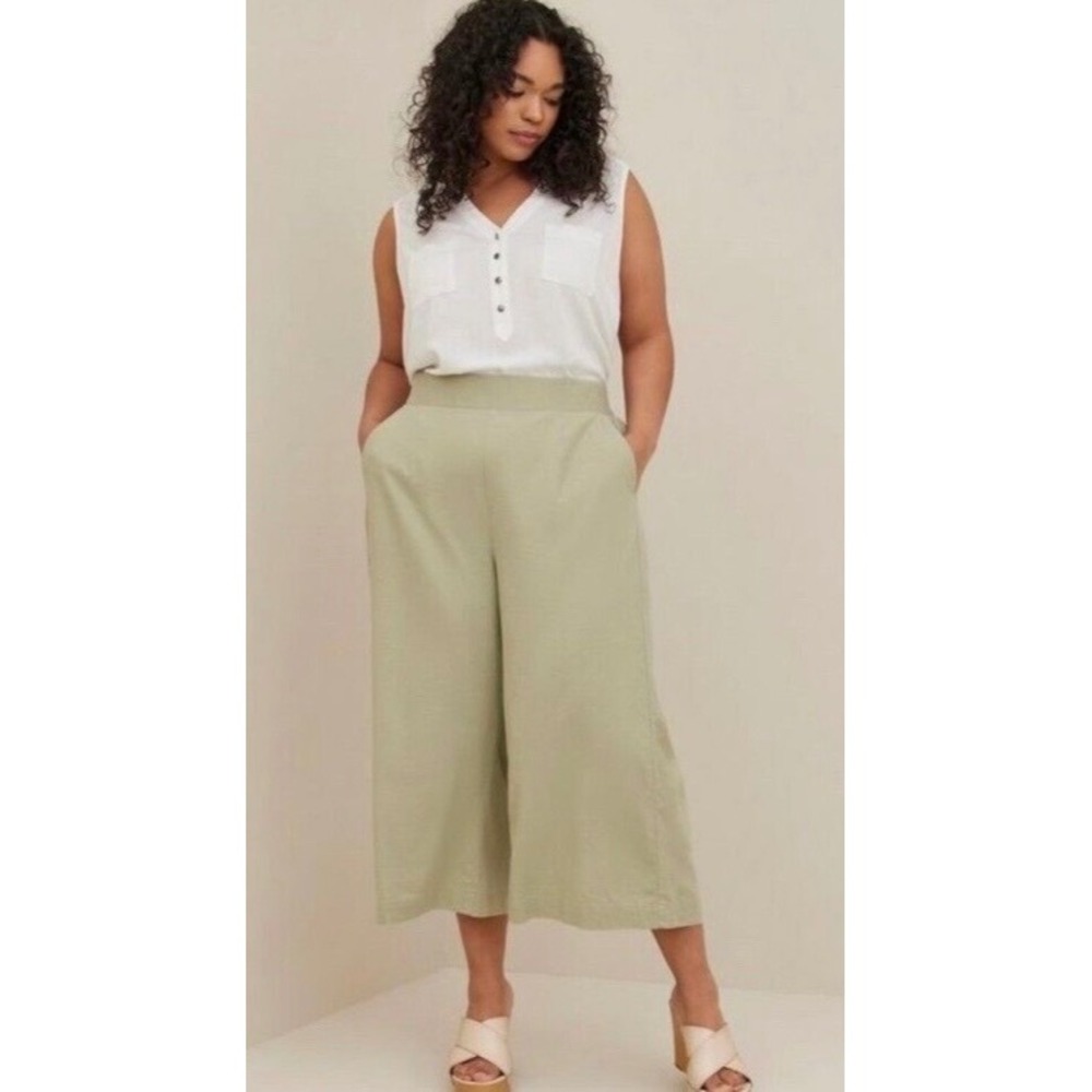 Torrid Linen Blend Wide Leg Cropped Pants Women 2 Sage Green High Rise Lagenlook